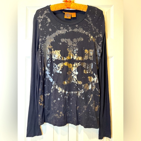 TORY BURCH Splattered Gold Foil Logo Black Long Sleeve T-Shirt Top Size S EUC - Picture 1 of 9